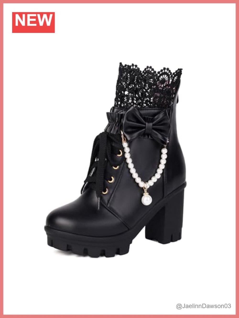 Gothic Platform Ankle Boots Lace Pearl Chain